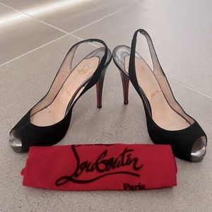 Preowned Louboutin black suede silver glitter slingback 40EU